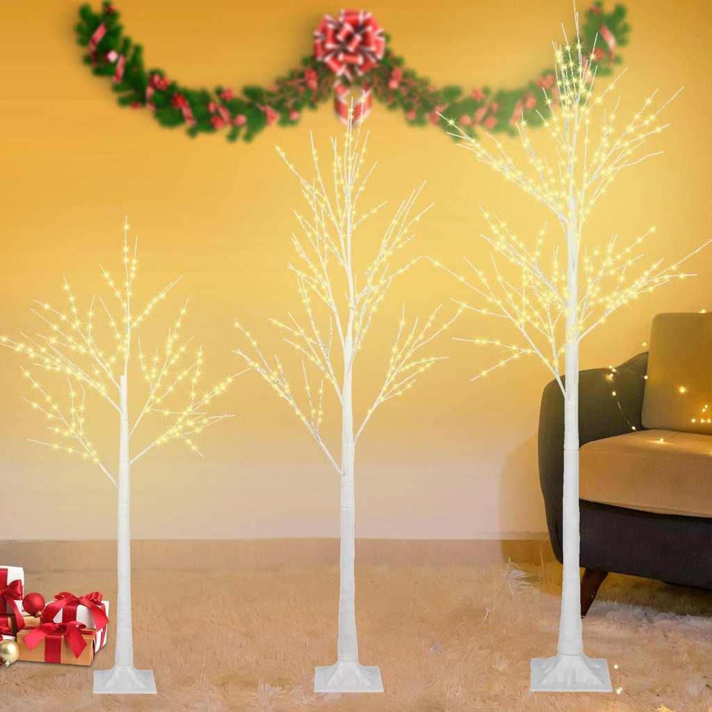 3PCS White Christmas Tree, 4FT 5FT 6FT Prelit Birth Tree Set with LED Lights, Lighted Artificial Christmas Tree for Holiday Xmas Party Decoration Indoor Outdoor Decor