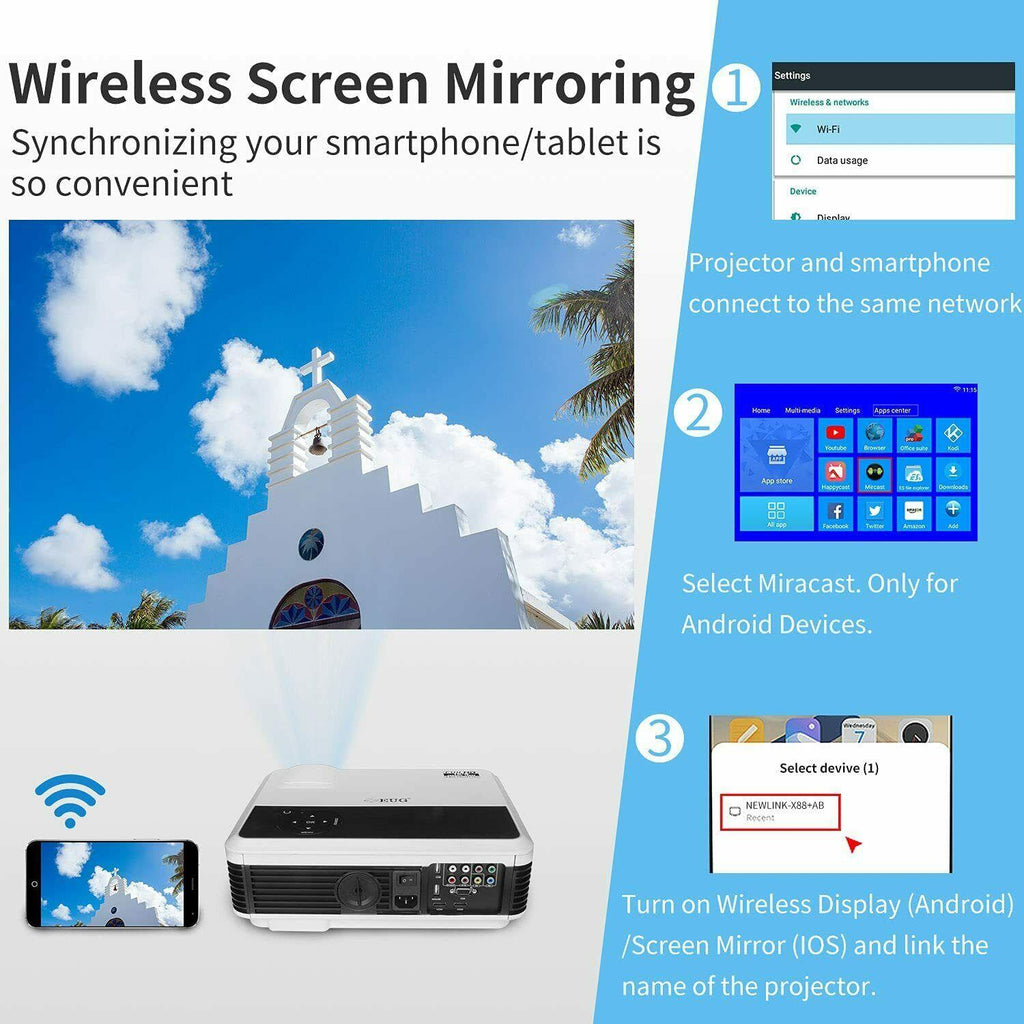 6000lms android blue-tooth wifi projector smart home theater wireless tv youtube