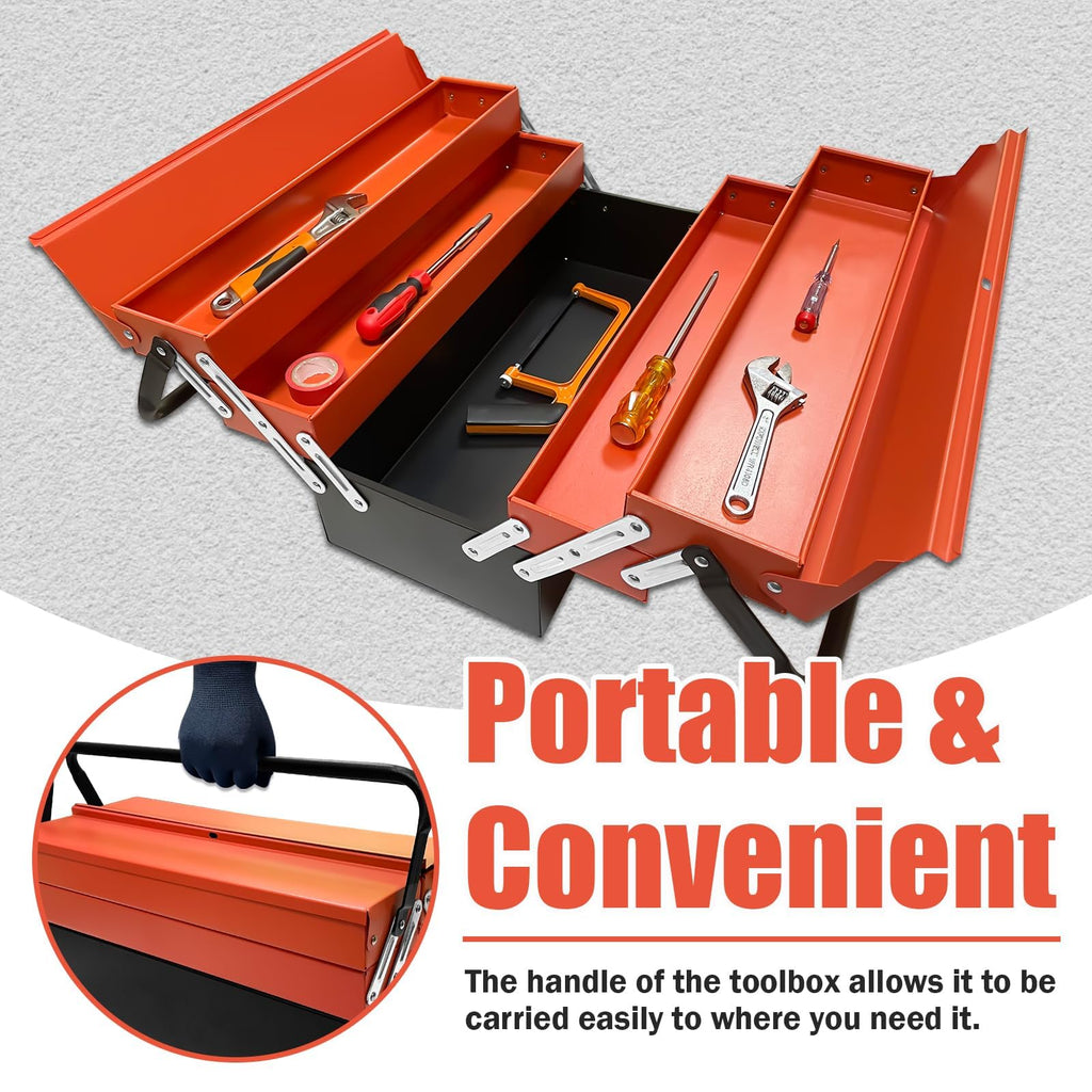 Metal Cantilever Tool Box, 18" * 8" * 8" Fold Out Tool Organizer with 3 Layers & 5 Trays, Portable Storafor Home, Studio, Auto Repair & Factory (Orange)