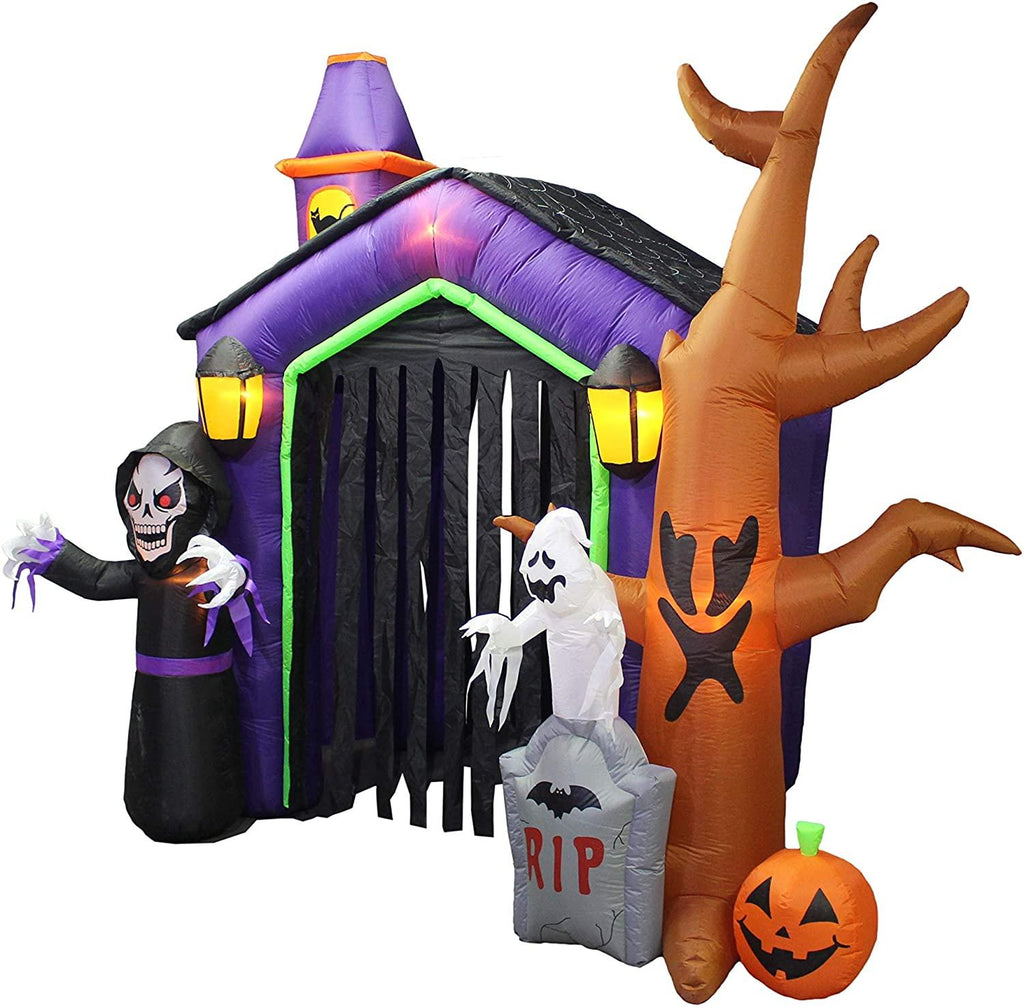 8.5 Foot Halloween Inflatable Haunted House Castle with Skeleton, Ghost &amp; Skulls