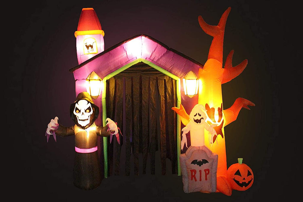 8.5 Foot Halloween Inflatable Haunted House Castle with Skeleton, Ghost &amp; Skulls