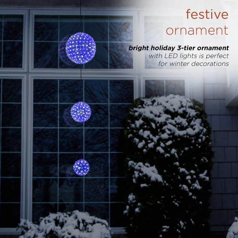 37 in. Tall 3-Tier Christmas Ornaments With Chasing Blue and White LED Lights