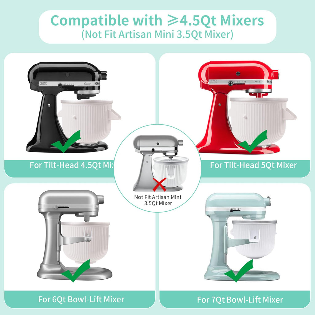 Ice Cream Attachment Compatible with  4.5/5/6/7QT Mixers | Makes 2 Quarts of Ice Cream,Compatible with  Ice Cream Maker Attachment,Dishwasher safe(Not Fit 3.5QT Mixers)