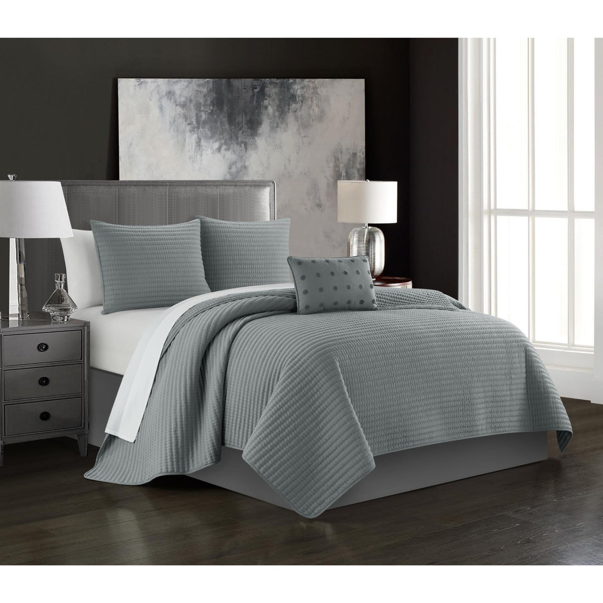 Chic Home Hayden Striped Box Stitched  Bed In A Bag Quilt Set - Queen 90x90", Grey - Queen,Grey