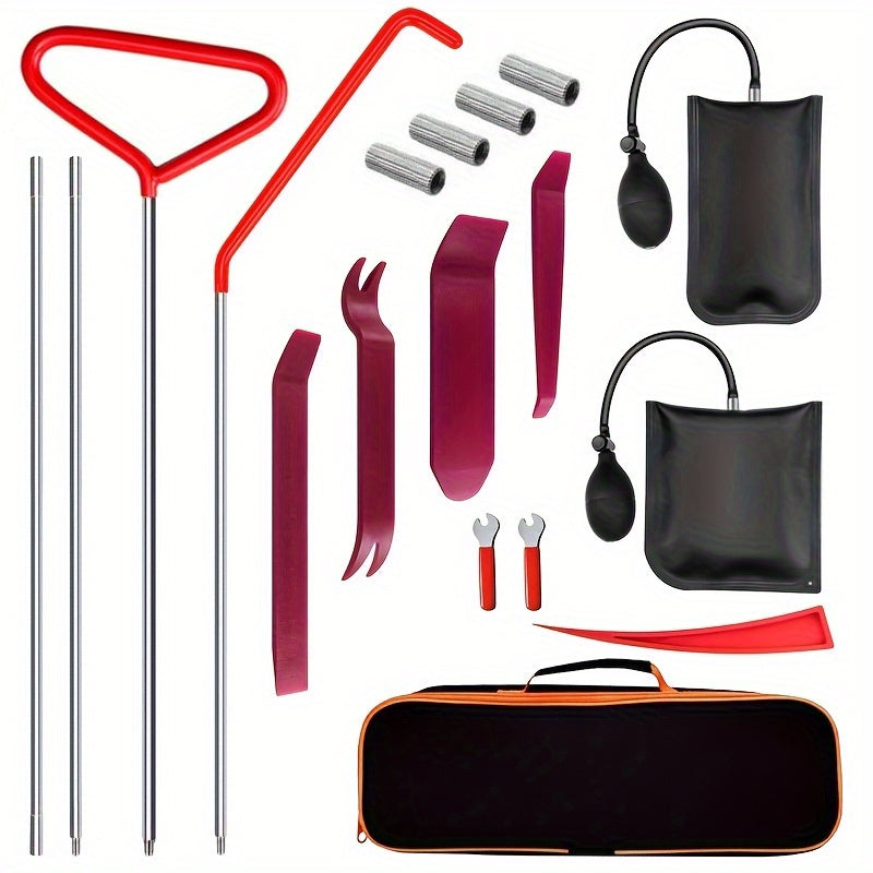 18pcs Car Tool Kit, Stretchable Adjustable Grab, Air WedBag Pump, Undamaged Wedge, Wrench, Nut And Handbag Roadside Car Emergency Kit