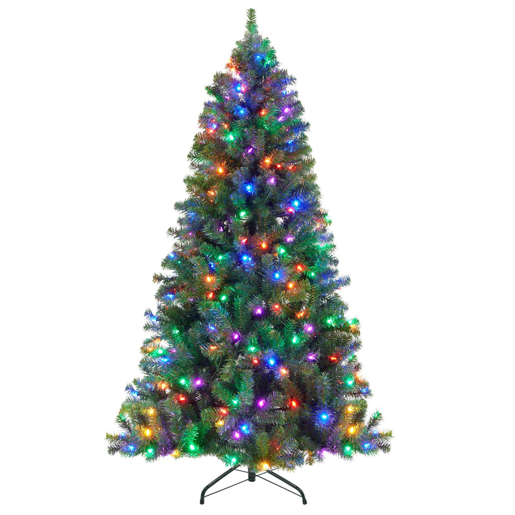 6ft Pre-Lit Spruce Hinged Artificial Christmas Tree w/ 250 Multicolored Lights, Foldable Stand