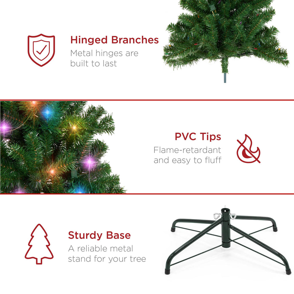 6ft Pre-Lit Spruce Hinged Artificial Christmas Tree w/ 250 Multicolored Lights, Foldable Stand
