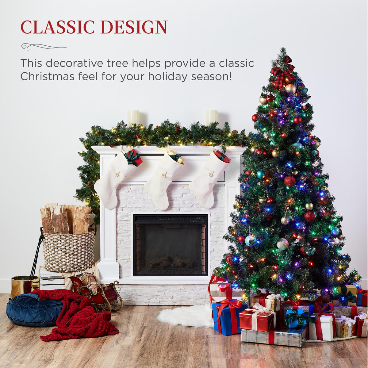 6ft Pre-Lit Spruce Hinged Artificial Christmas Tree w/ 250 Multicolored Lights, Foldable Stand