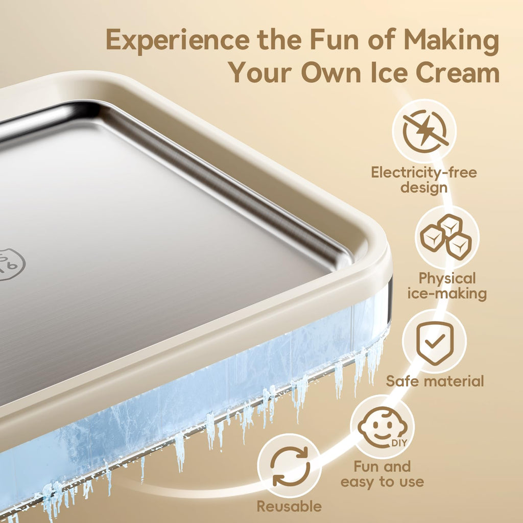 Rolled Ice Cream Maker,   Ice Cream Roller Tray with Lid and 2 Spatulas, Food Grade Premium  Steel Cold Plate No-electricity for Fun Family Activities, DIY Parent-Child Time