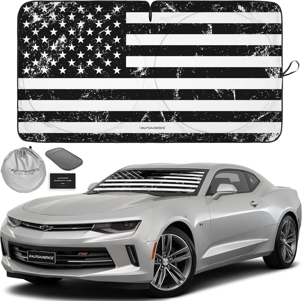 Autoamerics 1-Piece Windshield Sun Shade Grunge B&amp;W American Flag USA  - Foldable Car Front Window Sunshade for Most Sedans SUV Truck - Blocks Max UV Rays and Keeps Your Vehicle Cool - Small