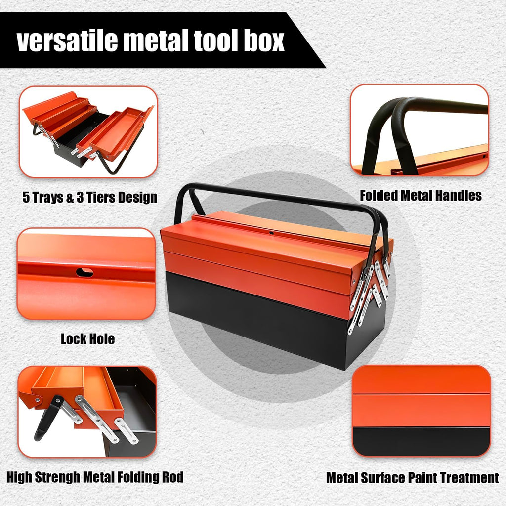 Metal Cantilever Tool Box, 18" * 8" * 8" Fold Out Tool Organizer with 3 Layers & 5 Trays, Portable Storafor Home, Studio, Auto Repair & Factory (Orange)