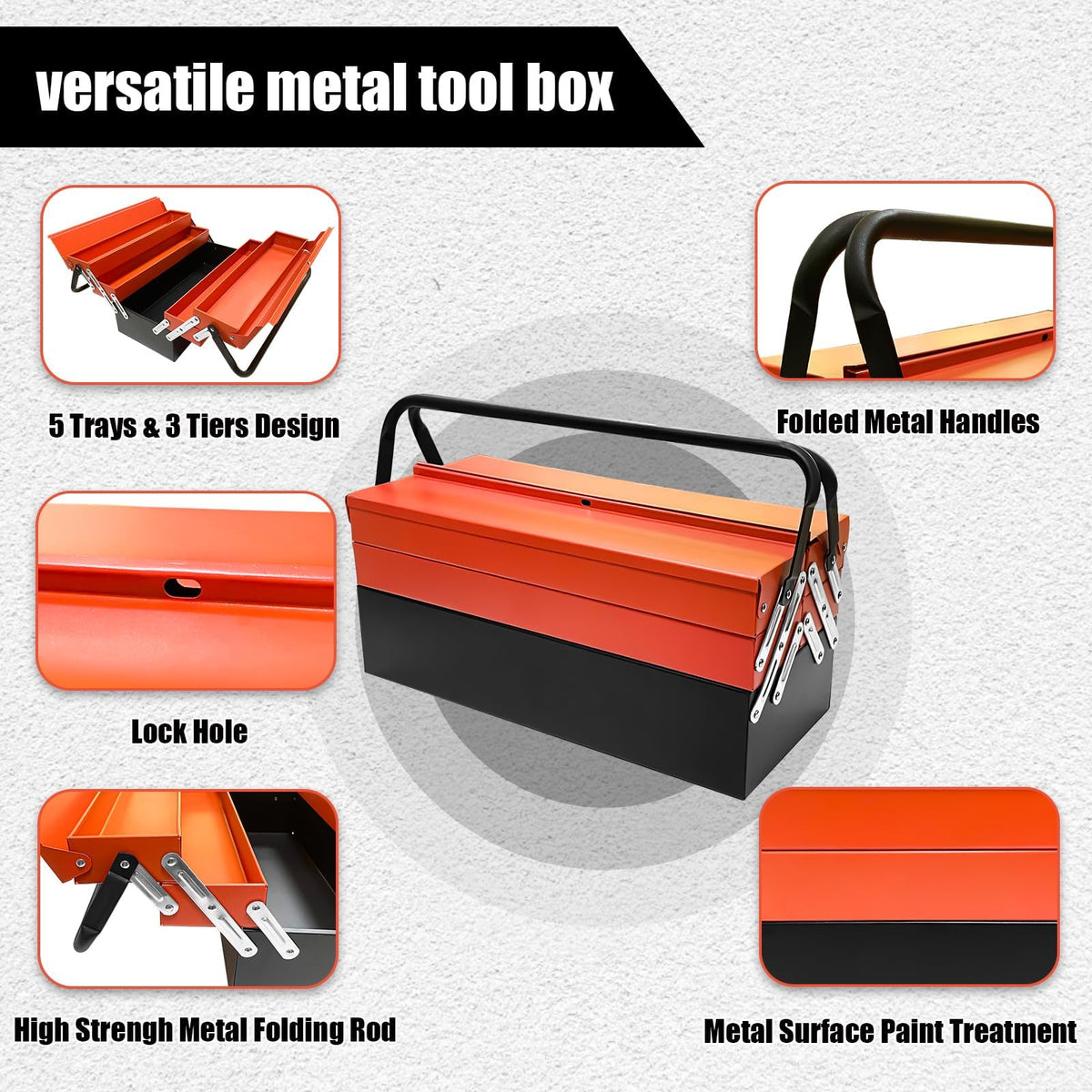Metal Cantilever Tool Box, 18" * 8" * 8" Fold Out Tool Organizer with 3 Layers & 5 Trays, Portable Storafor Home, Studio, Auto Repair & Factory (Orange)