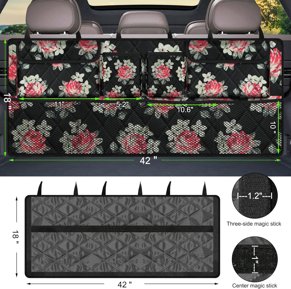 Car Trunk Organizer,Large Capacity Backseat Trunk Organizer(42"*18"),Collapsible Car Storage Bag with 8 Pocekt,Car Organizer for SUV/MPV/Truck - Floral