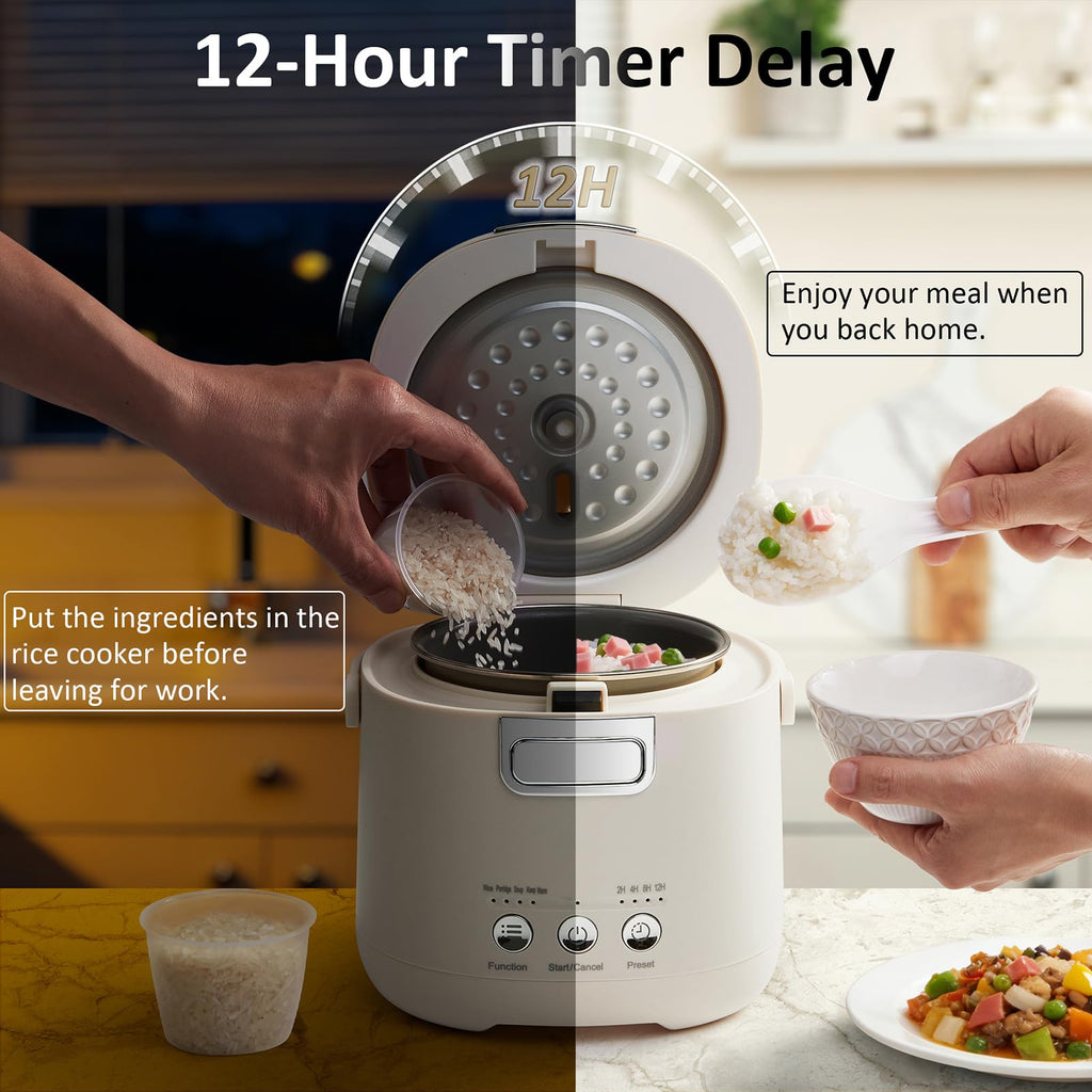Mini Rice Cooker 2 Cups Uncooked – Compact Small Rice Cooker | with Delay Timer, Non-Stick & Keep Warm for Dorm, Office & On-the-Go