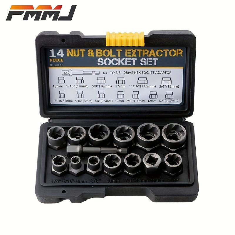 14 Pieces Impact Bolt & Nut Remover Set Pull-Out Sleeve Cr-Mo Bolt Extractor Tool Set With Solid StoraCase Damaged Incomplete Screw Nut Extractor