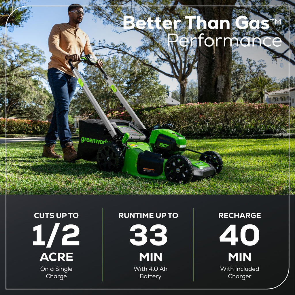 80V 21" Self-Propelled Cordless Lawn Mower – Brushless Motor, LED Lights, 4.0Ah Battery &amp; Rapid Charger (75+ Compatible Tools)