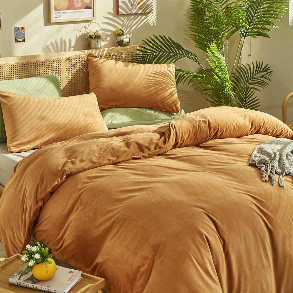 Wellboo Pumpkin Velvet Duvet Cover King Size Women Men Burnt Orange Fluffy Bedding Cover Modern Solid Light Caramel Flannel Quilt Covers Plain Cinnamon Micromink Sherpa Fuzzy Comforter Covers Plush