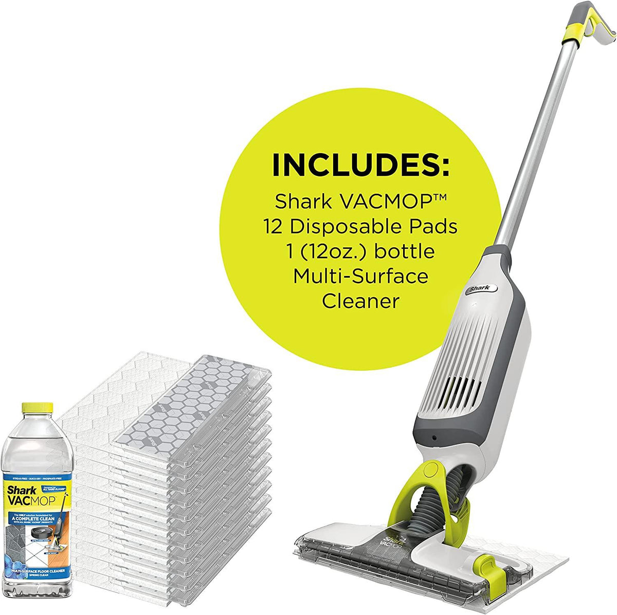 Shark VM200P12 VACMOP Vacuum Mop Bundle with 12 Disposable VACMOP Pads &amp; 12 oz. Cleaning Solution, White