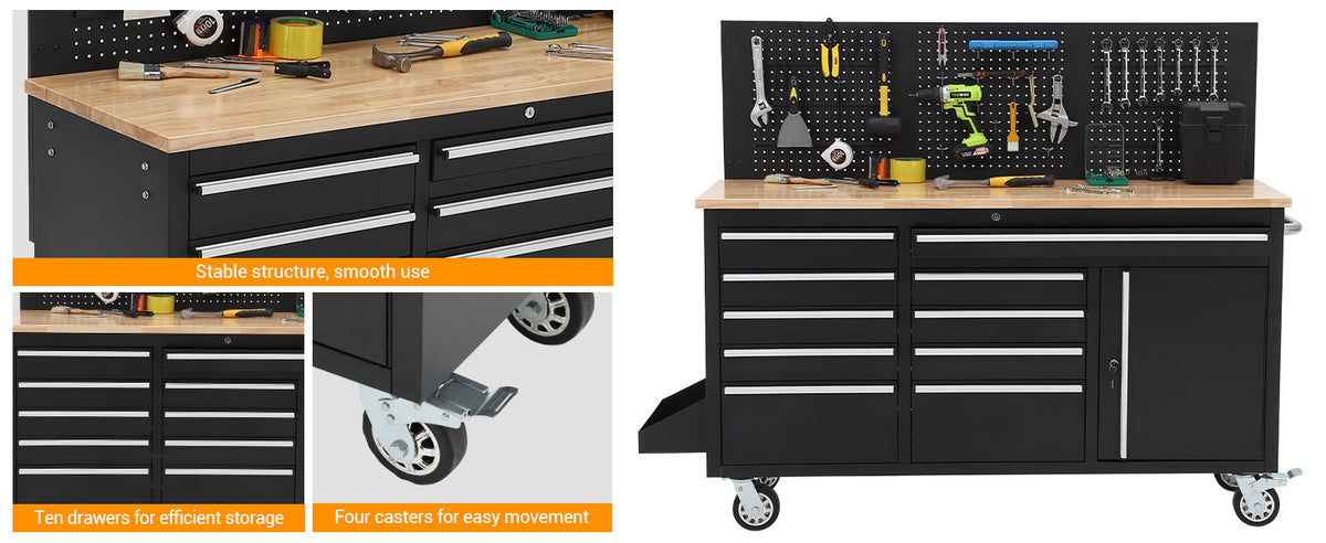 61-inch Rolling Tool Chest, 10 Drawers GaraWorkbench StoraTool Cabinet with Power Strip, Solid Rubber Top, 1675 LBS Load Mobile Workstation, Heavy Duty Rolling Cabinet, Silver