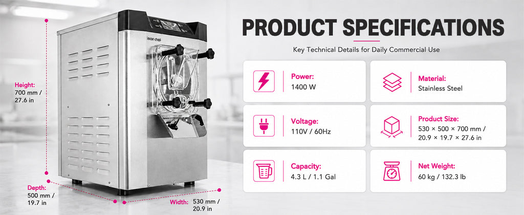 Commercial Ice Cream Machine, Hard Serve, 1400W, 16-20 L/H | Countertop 4.3L 304  Steel Cylinder LED Screen for Cafés, Restaurants, Snack Bars and Dessert Shops