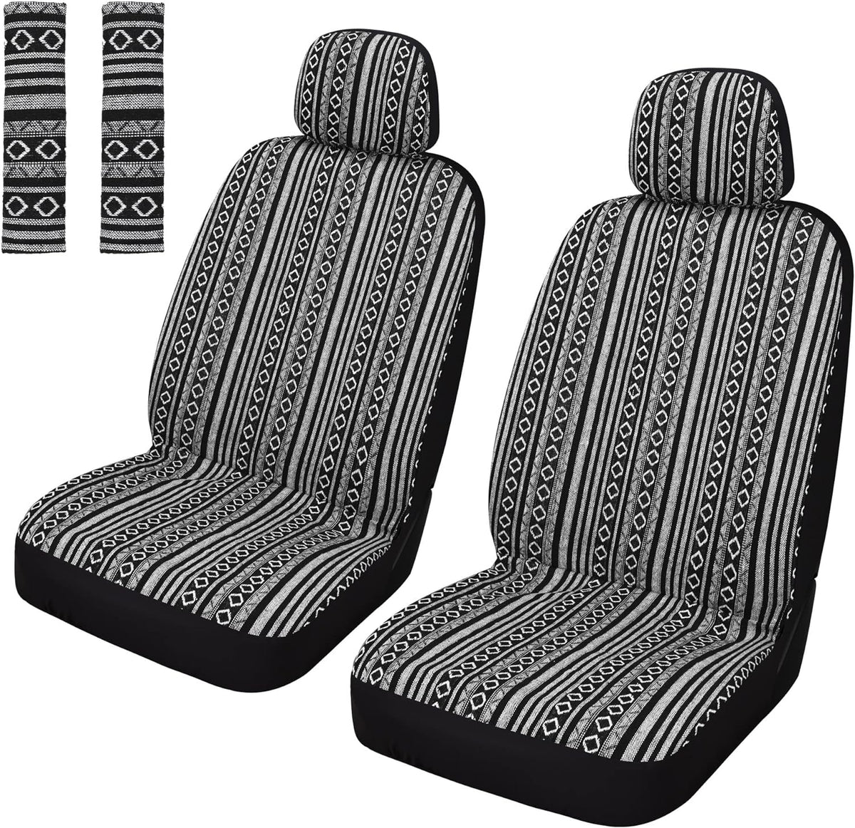 Pariitadin Baja Saddle Blanket Car Seat Covers Front Set with Seat Belt Pads, Washable Breathable Striped Woven Cloth Seat Covers for Cars, Universal Fit Most Cars, Airbag Compatible, Black/White