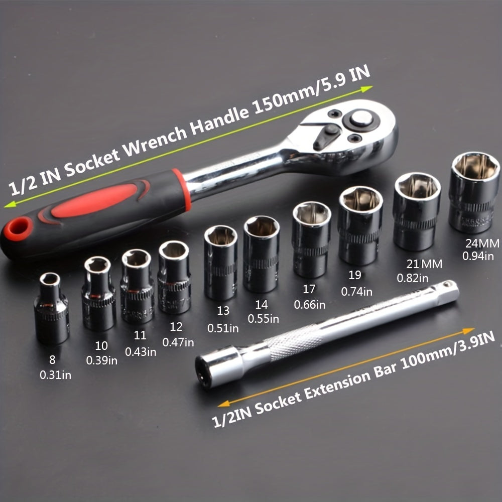 12 Pieces Ratchet Wrench Set ,Chrome Plated Steel 1/4 3/8 1/2InchTwo-way Wheel Wrench Auto Repair Tool-V-BR11