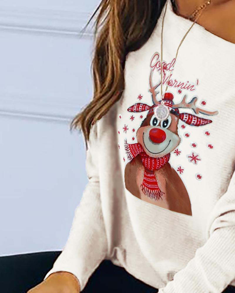 christmas moose print long sleeve casual sweatshirt