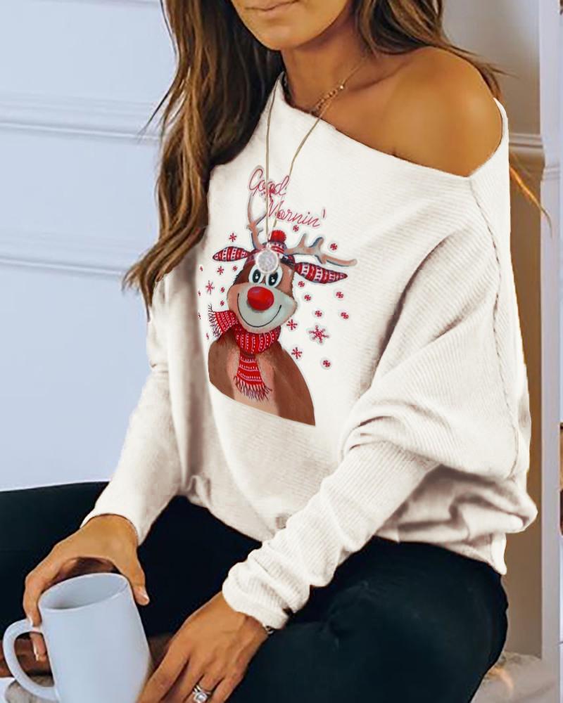 christmas moose print long sleeve casual sweatshirt