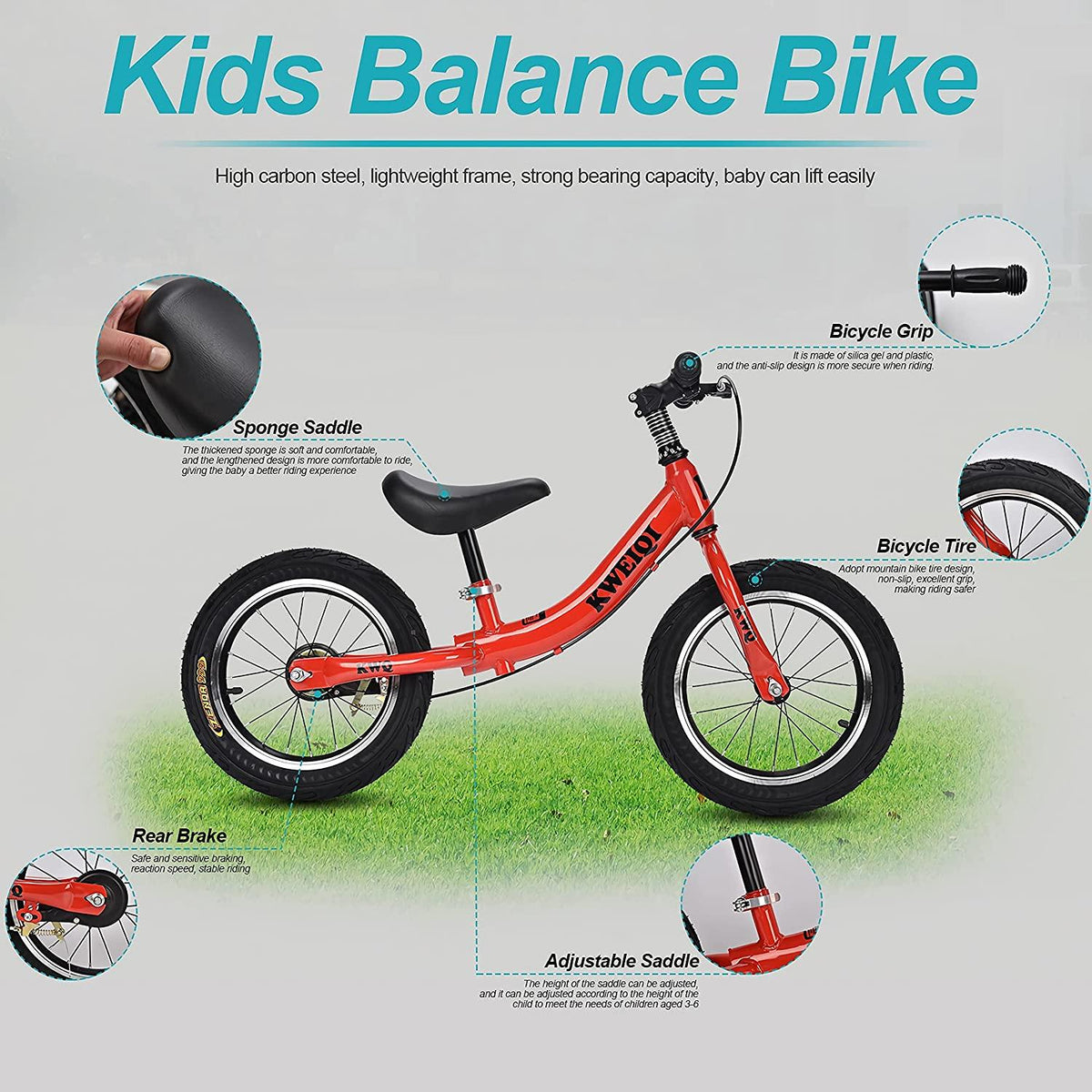 14"  Bike Children's Bicycle Adjustable Seat Height Push Bikes for Toddlers with Brake No Pedal Scooter Bicycle Training Bike for 2-6 Years Old Boys &amp; Girls