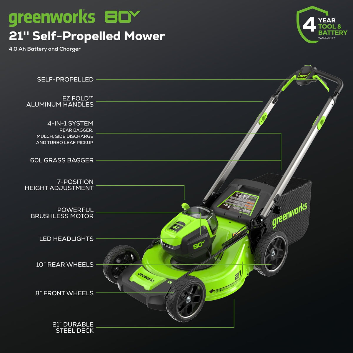 80V 21" Self-Propelled Cordless Lawn Mower – Brushless Motor, LED Lights, 4.0Ah Battery &amp; Rapid Charger (75+ Compatible Tools)
