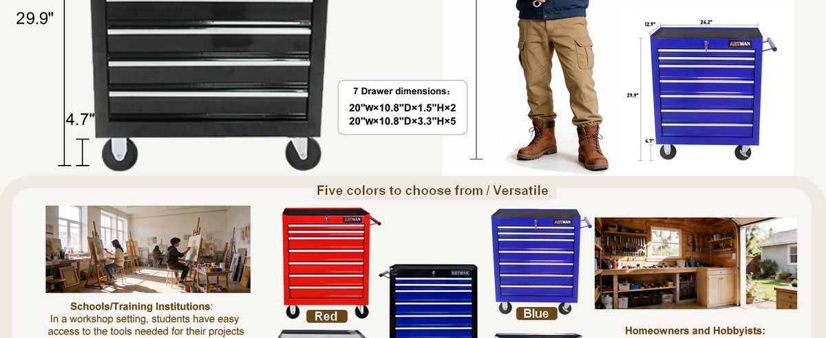 7 Drawers Rolling Tool Chest & Tool Box on Wheels | Heavy Duty Metal Cart with Ball Bearing Drawers | Fits US General Tool Box for GaraStora(Blue, 7 Drawers（29.9" H × 24.2" W × 12.9" D)