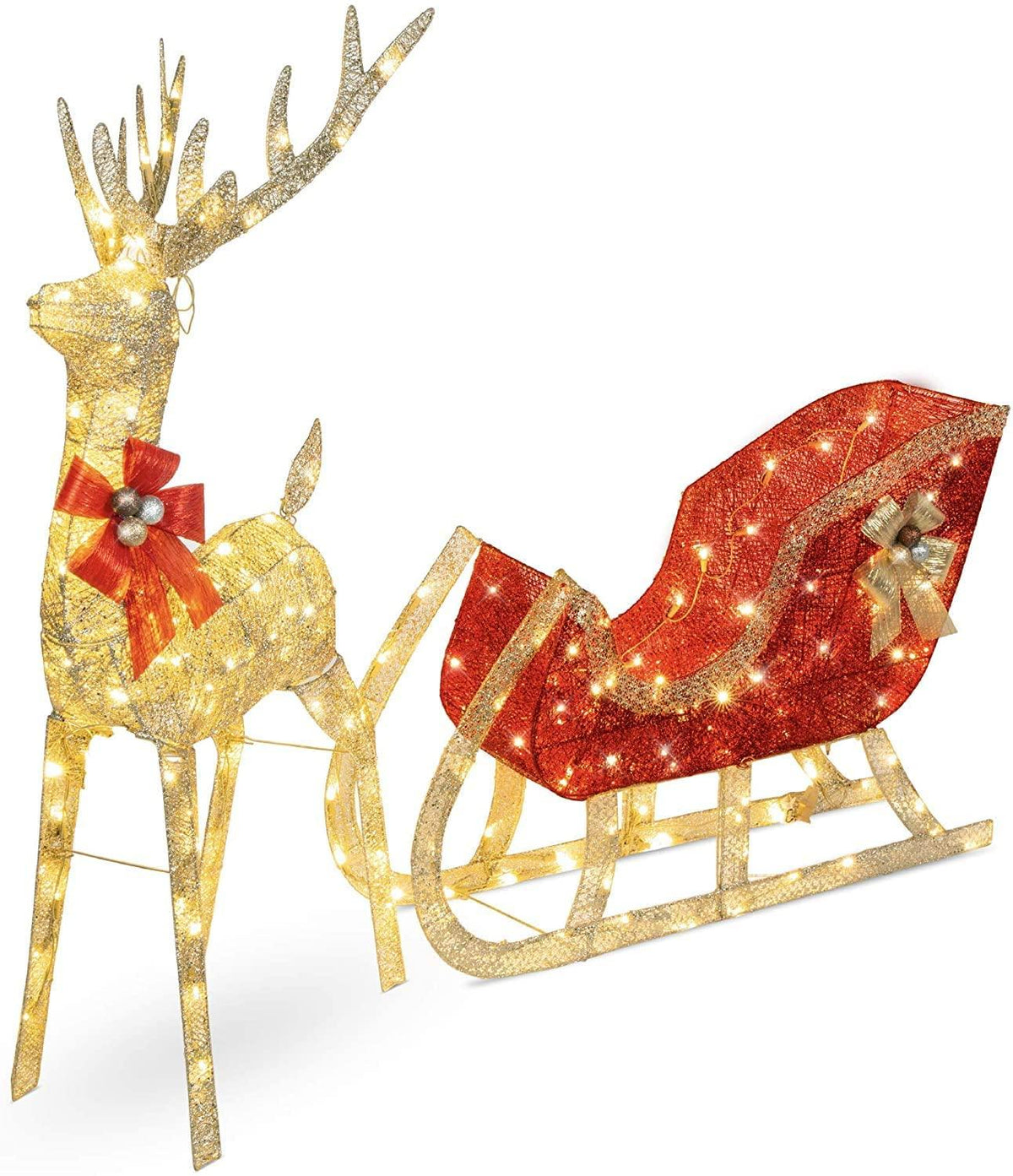 zwj Lighted Christmas 4ft Reindeer &amp; Sleigh Outdoor Yard Decoration Set w/ 205 LED Lights, Stakes, Zip Ties sd1012