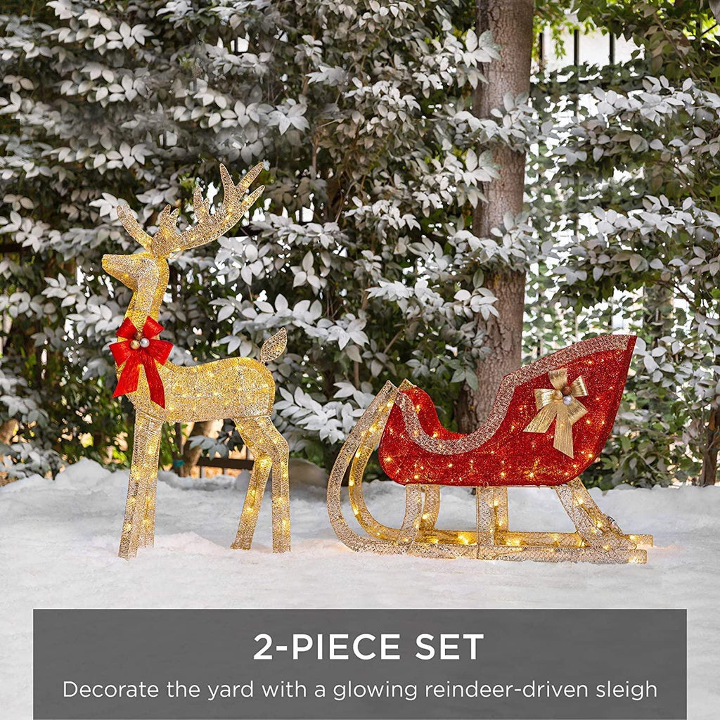 zwj Lighted Christmas 4ft Reindeer &amp; Sleigh Outdoor Yard Decoration Set w/ 205 LED Lights, Stakes, Zip Ties sd1012