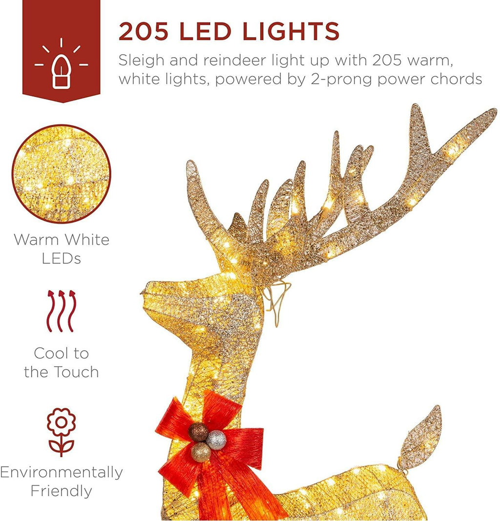 zwj Lighted Christmas 4ft Reindeer &amp; Sleigh Outdoor Yard Decoration Set w/ 205 LED Lights, Stakes, Zip Ties sd1012