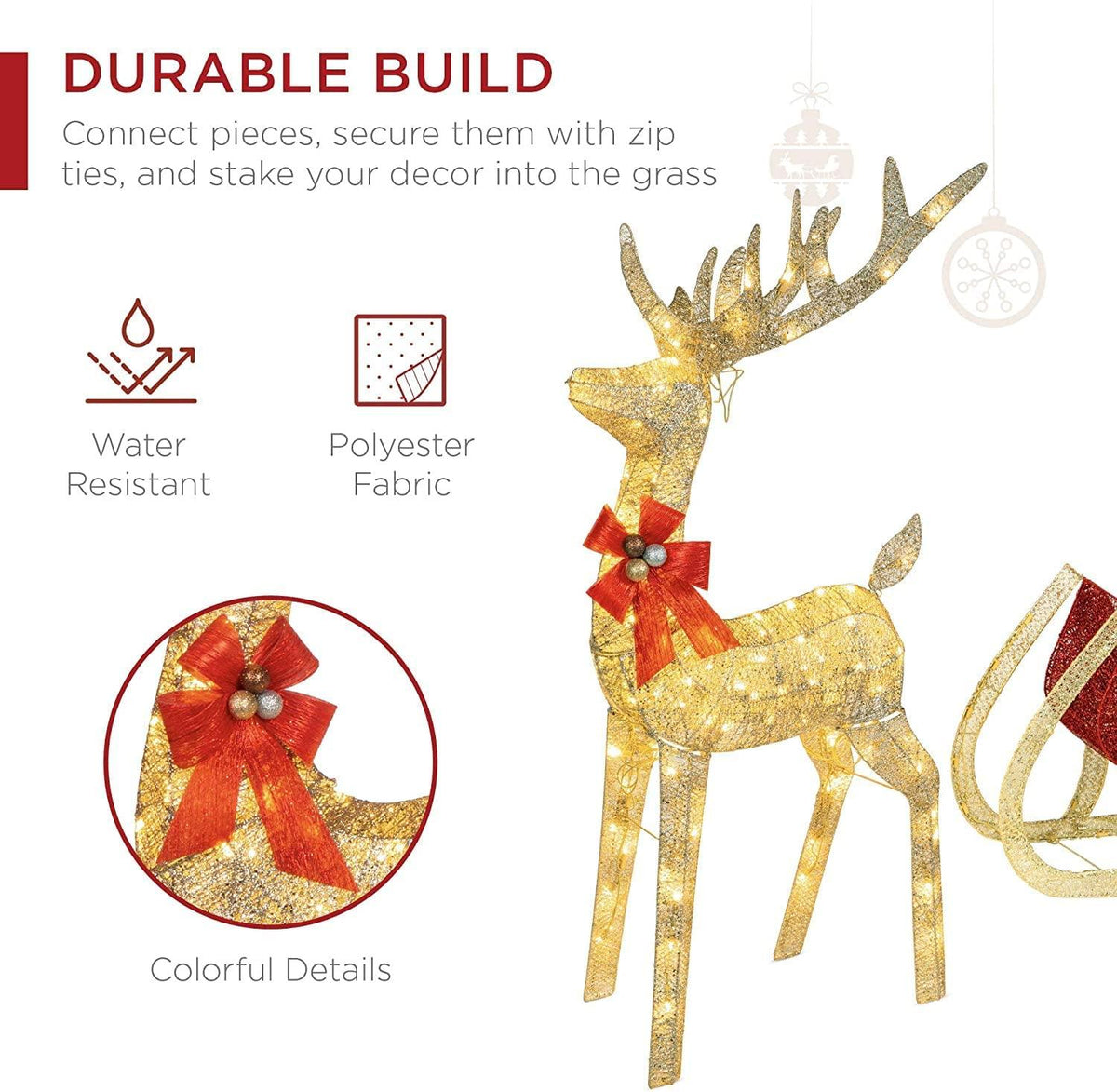 zwj Lighted Christmas 4ft Reindeer &amp; Sleigh Outdoor Yard Decoration Set w/ 205 LED Lights, Stakes, Zip Ties sd1012