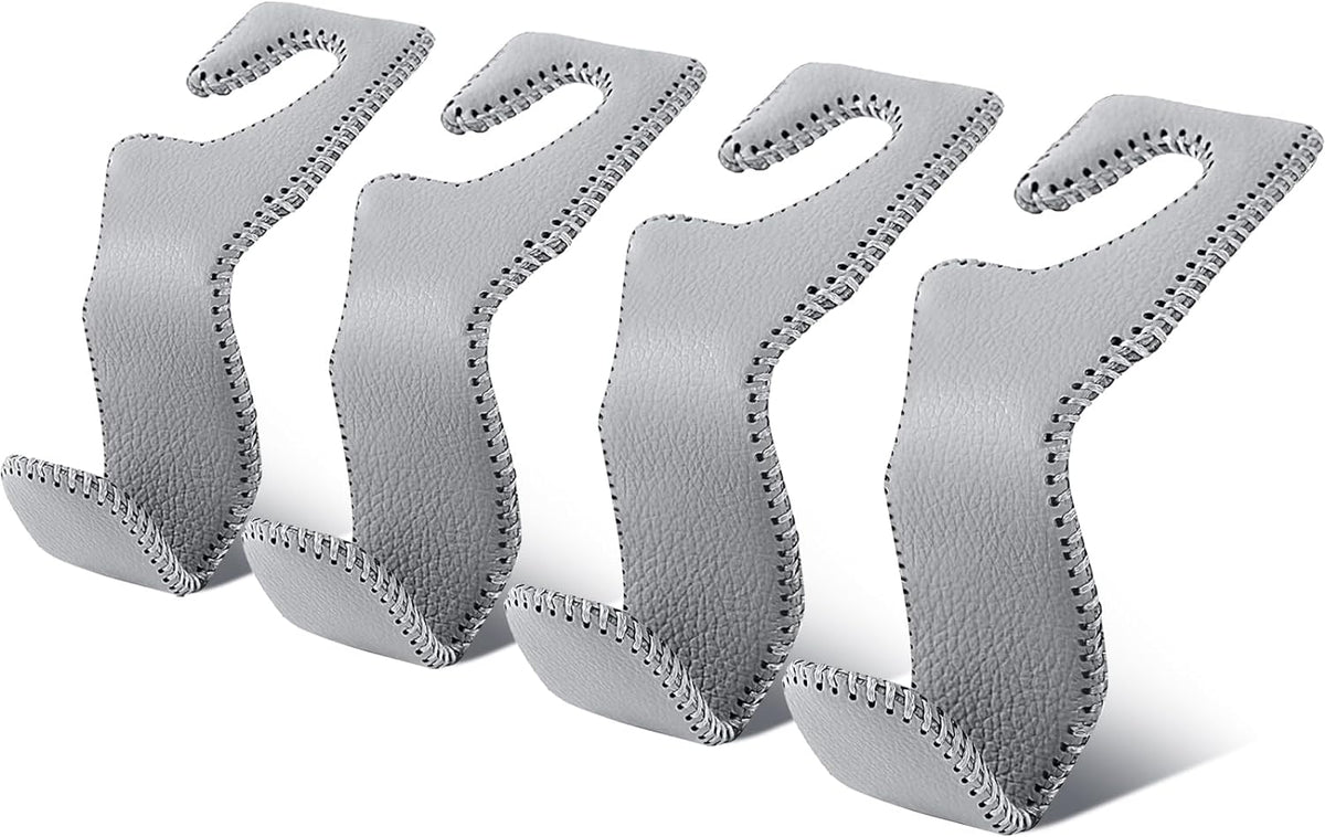 EldHus Seat Hooks for Purses and Bags, 4 Pack Car Purse Holder for Grocery Bag Handbag Clothes, Metal Headrest Hooks Covered by Leather, Grey