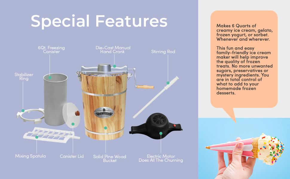 EIM916 Old Fashioned 6 Quart  Bucket Electric Ice Cream Maker Machine Appalachian, Bonus Classic Die-Cast Hand Crank for Churning, Uses Ice and Rock Salt