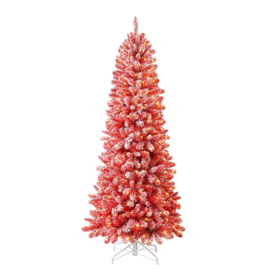 Evergreen Classics 7 Foot Red Anson Slim Pine Holiday Tree &amp; White LED Lights