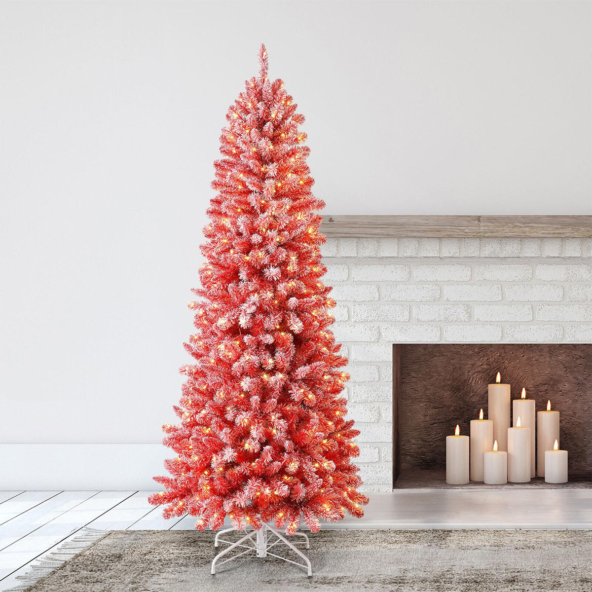 Evergreen Classics 7 Foot Red Anson Slim Pine Holiday Tree &amp; White LED Lights