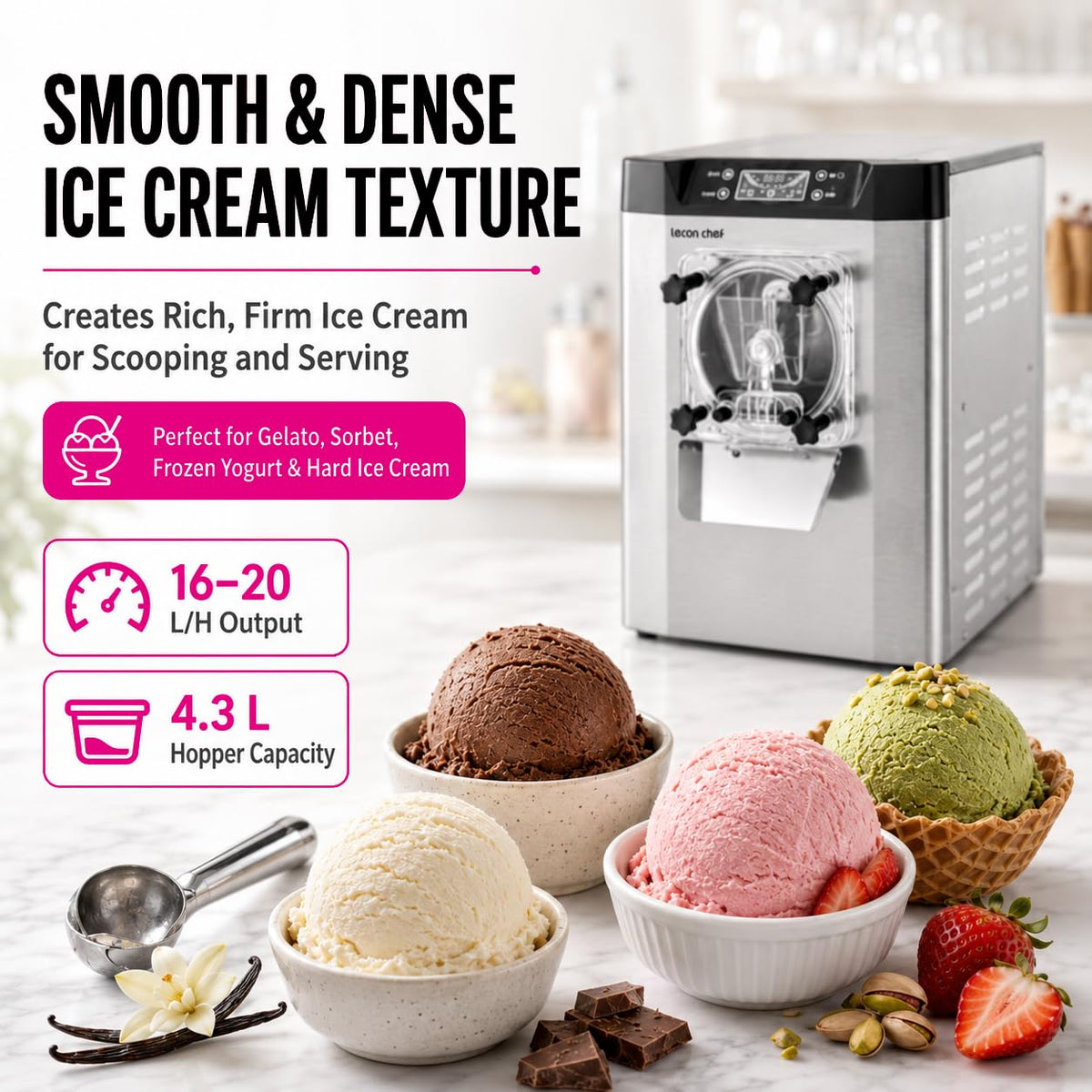 Commercial Ice Cream Machine, Hard Serve, 1400W, 16-20 L/H | Countertop 4.3L 304  Steel Cylinder LED Screen for Cafés, Restaurants, Snack Bars and Dessert Shops