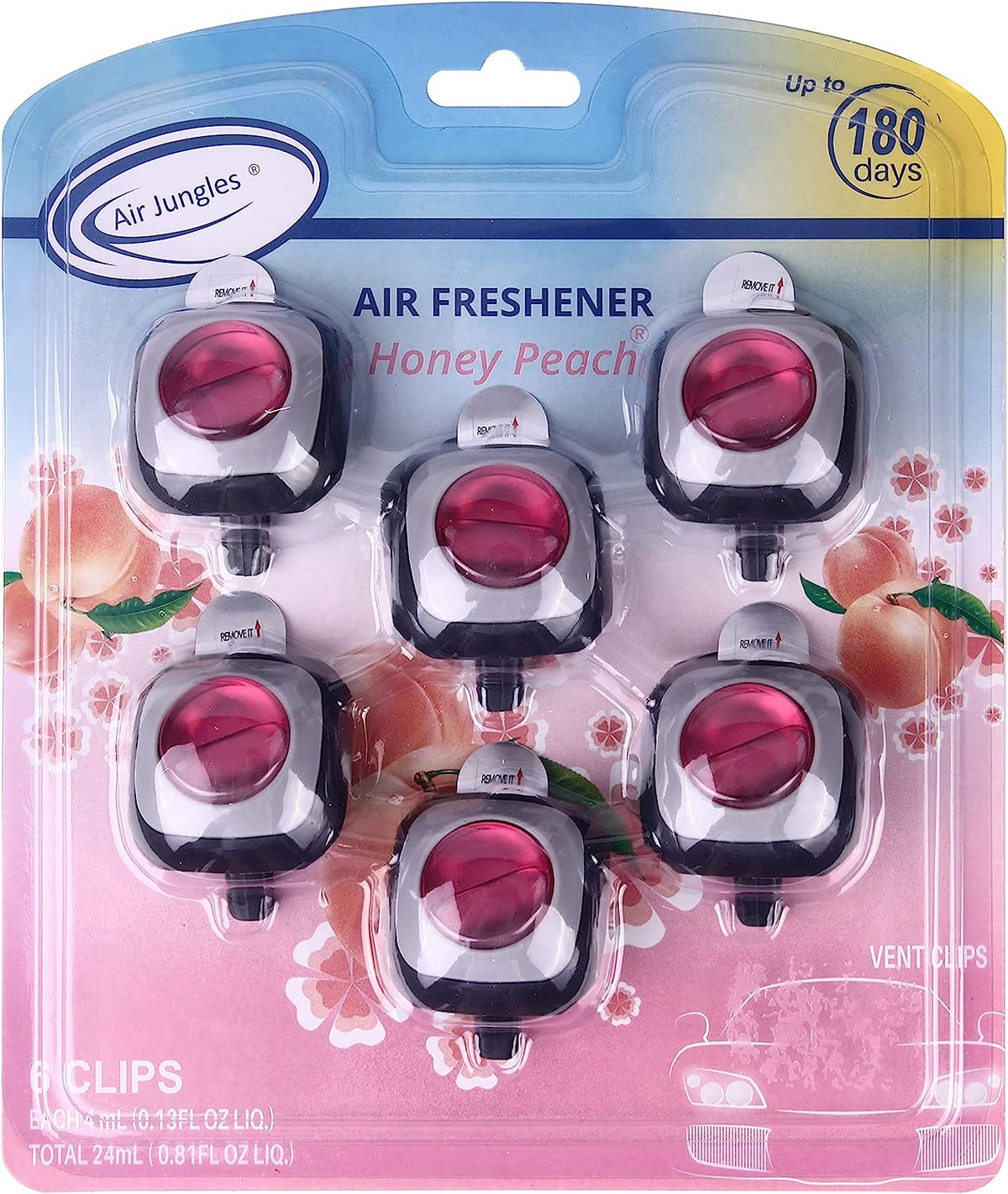 Air Jungles Honey Peach Scent Car Air Freshener Clip, 6 Car Freshener Vent Clips, 4ml Each, Long Lasting Air Freshener for Car, Up to 180 Days Car Refresher Odor Eliminator