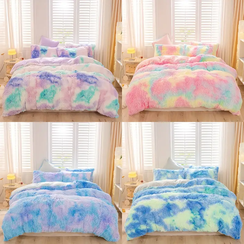 3pcs Y2K Tie Dye Plush Duvet Cover Set ( 1 Duvet Cover + 2 Pillowcase), Soft & Warm Bedding Set