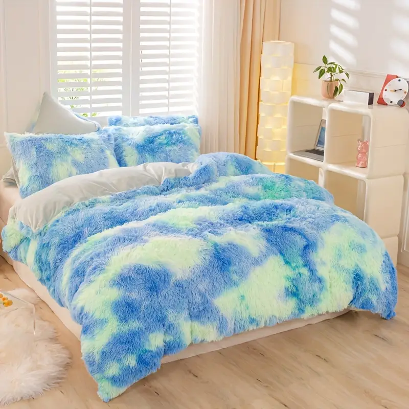 3pcs Y2K Tie Dye Plush Duvet Cover Set ( 1 Duvet Cover + 2 Pillowcase), Soft & Warm Bedding Set