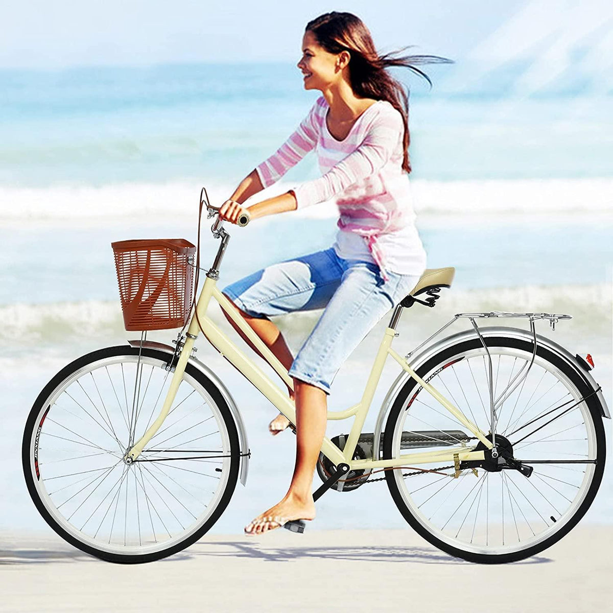 26 inch Beach Cruiser Bikes for Women 1 Speed Comfortable Womens Bike with Baskets Classic Retro Complete Cruiser Bike Womens Beach Cruiser Bike Road Bike for Leisure Picnics &amp; Shopping