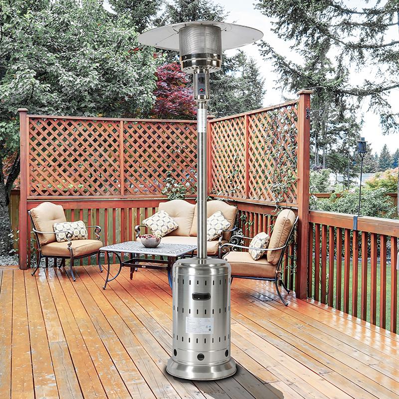 46000 BTU Propane Patio Heater with Hollow Pattern on Tank house,Stainless Steel, with wheels and Hose Set,Black Cover Included,ETL Certificate