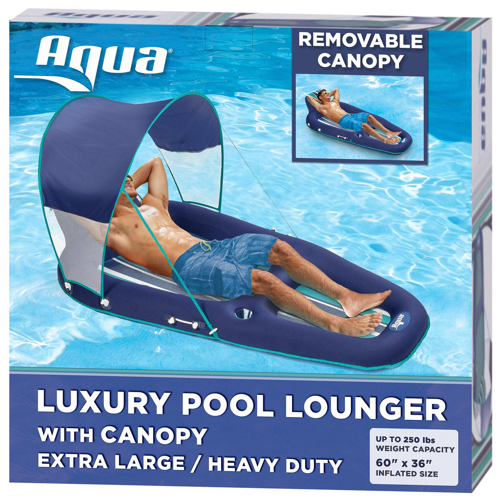 Aqua Leisure Luxury Inflatable Pool Float Lounger w/ Removable Canopy, Blue Stripe &amp; 11 Foot Supersized Floating Party Plank