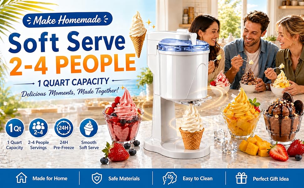 Electric 1.0 Qt Soft Serve Ice Cream Machine with Freezer Bowl, Countertop Ice Cream Maker Machine, Homemade Ice Cream Swirl, Sorbet & Frozen Yogurt Maker, Easy to Clean,Fast Churn 20-35 Minutes