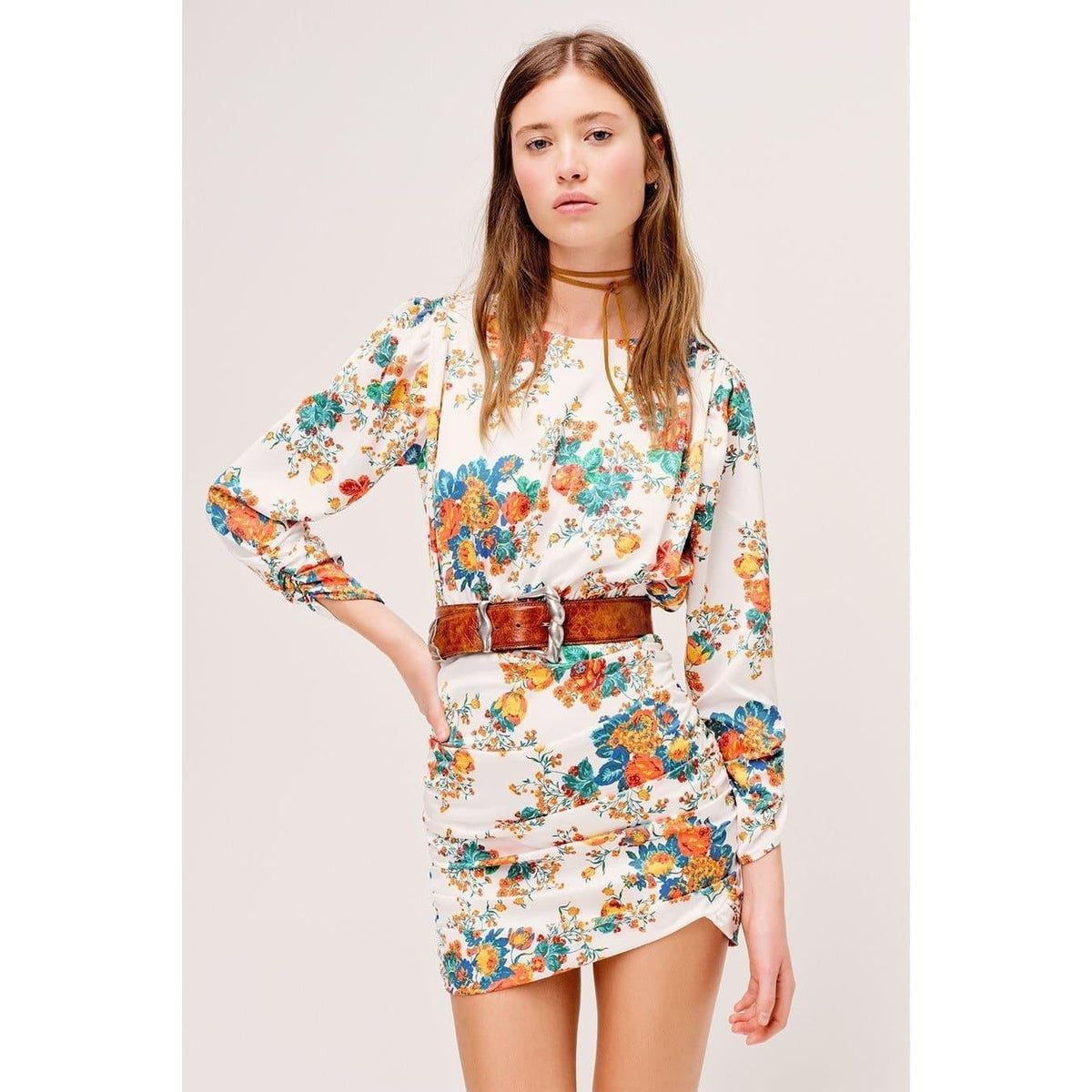 backless pleated long sleeve mini dress