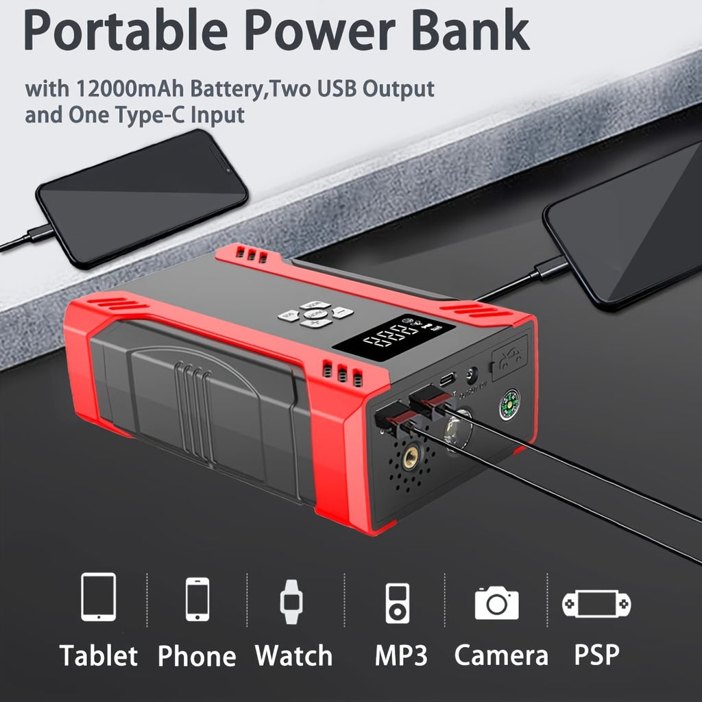 2000A Car Jump Starter With Air Compressor (8.0L Gas/5.0L Diesel), 6-in-1 Portable Charger Lithium Battery Box With Fast Charging 3.0 & DC12V 8A