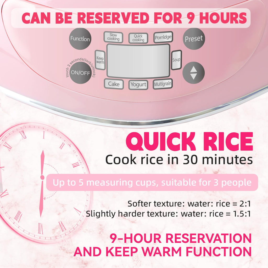 Peach Heart Shape Rice Cooker 8 Cup Cooked, 4 Cup Uncooked Rice, Multifunctional Pink Rice Cooker, 300w, with Preset Timer, 1.8L